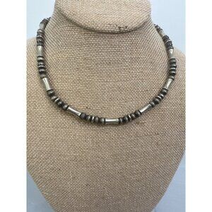 Unisex Hematite & Silver Tone Beaded Necklace 16"